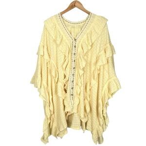 Anthropologie Yellow Ruffle Waffle Knit Lace Trim Button Down Tunic Size 2X/3X